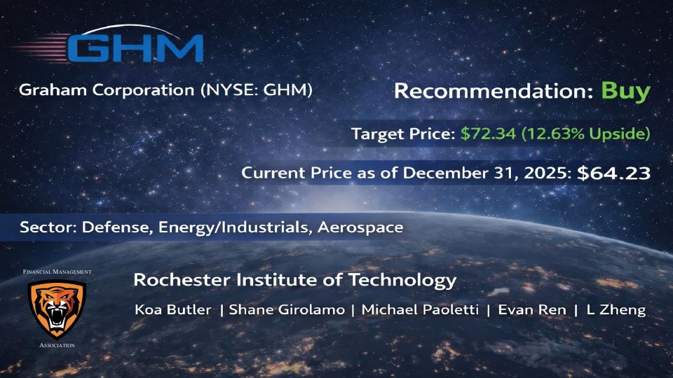 Title slide of the Graham Corporation presentation: Recommendation Buy, target price $72.34